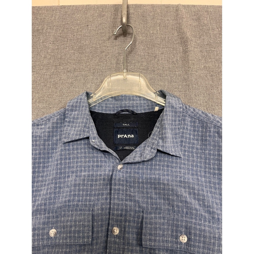 Prana Mens Blue Micro Grid Long Sleeve Button Down Shirt Tall LT Ventilated Back